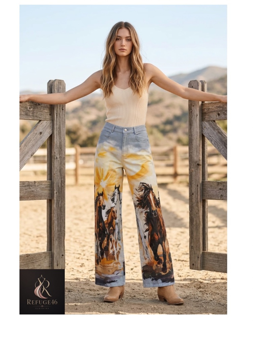 NWT Western Flare Wide-Leg Jeans Yellow Sun Brown Horse Painted Print